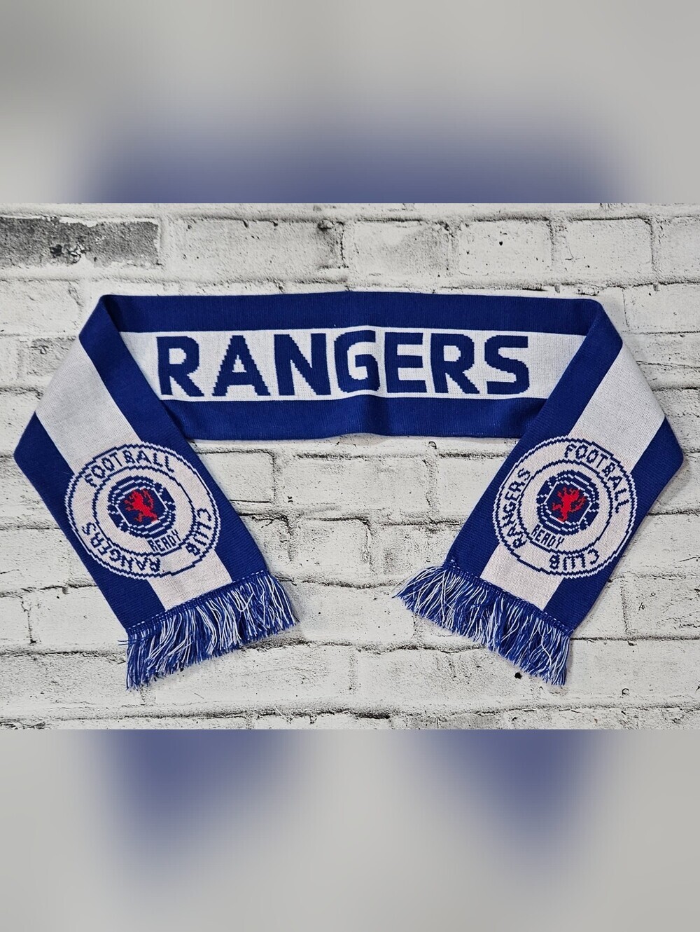 Rangers FC Football Scarf Blue White Knit Supporter Soccer Fan Fringe